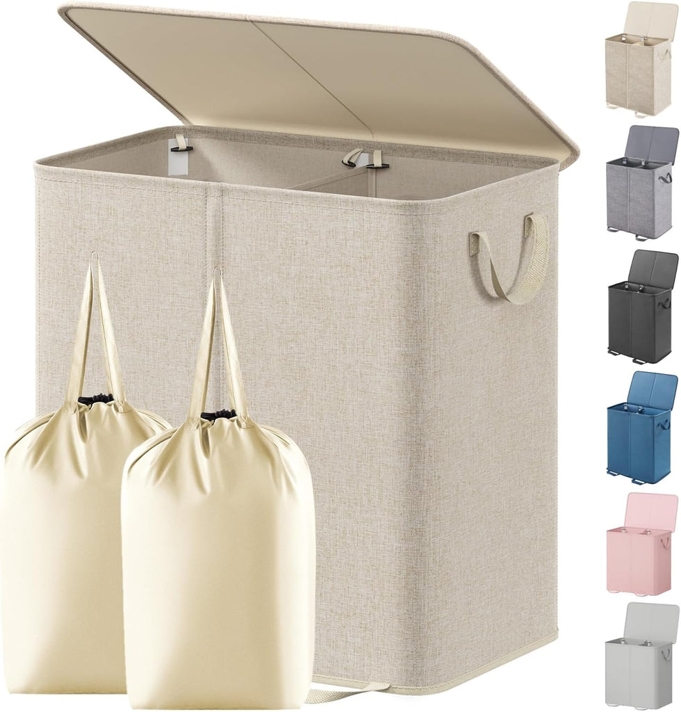 Double Laundry Hamper with Lid and Removable Laundry Bags, Large Collapsible 2 Dividers Dirty Clothes Basket with