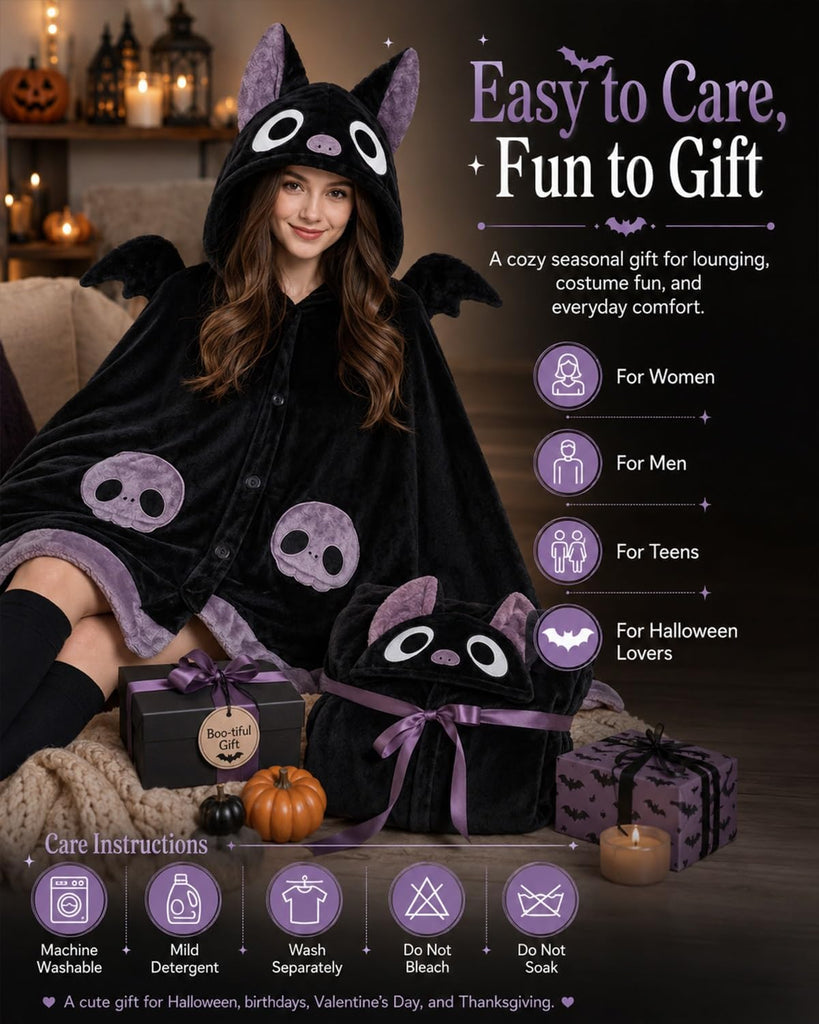 Halloween Cute Bat Wearable Blanket Hoodie Hooded Cape Costume Adult Unisex | Oversized Plush Thick Cloak with Demon