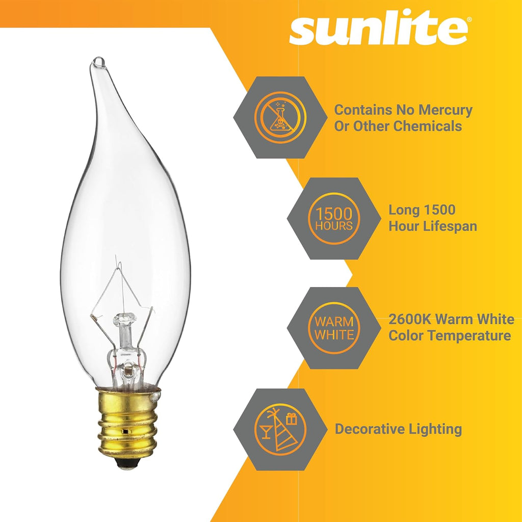 CA8 Incandescent Petite Chandelier Light Bulb, 25 Watts, Clear, 194 Lumens, 120 Volts, Candelabra (E12) Base, Flame