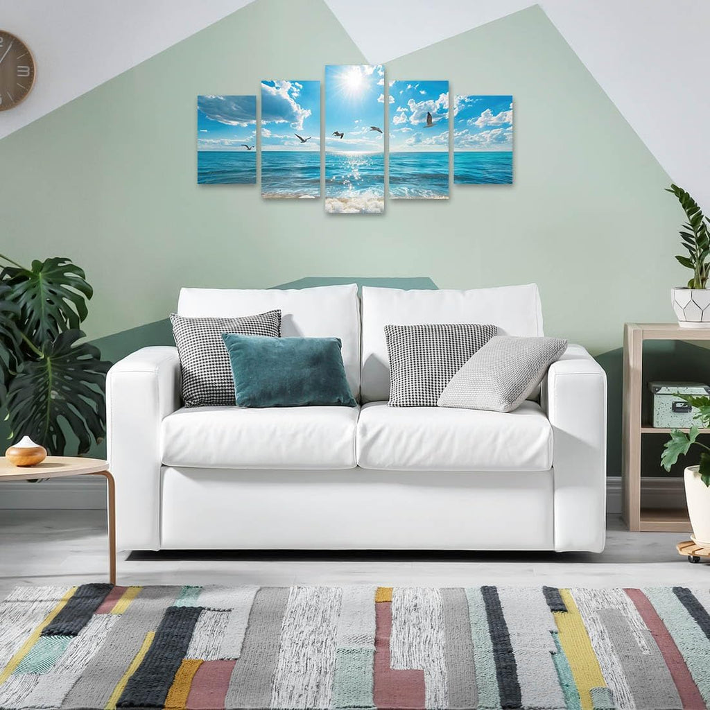 Seascape Canvas Wall Art Prints 5 Pieces Sea Pictures Blue Sky Ocean Wall Decor Living Room Home (Small, Wrapped