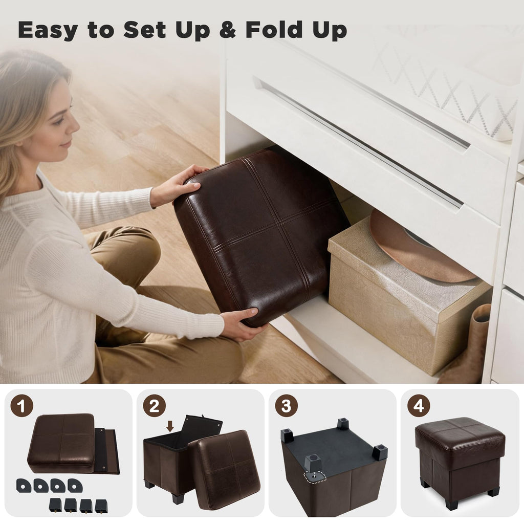 Square Storage Ottoman, Cube Ottoman with Legs, Leather Foot Stool
