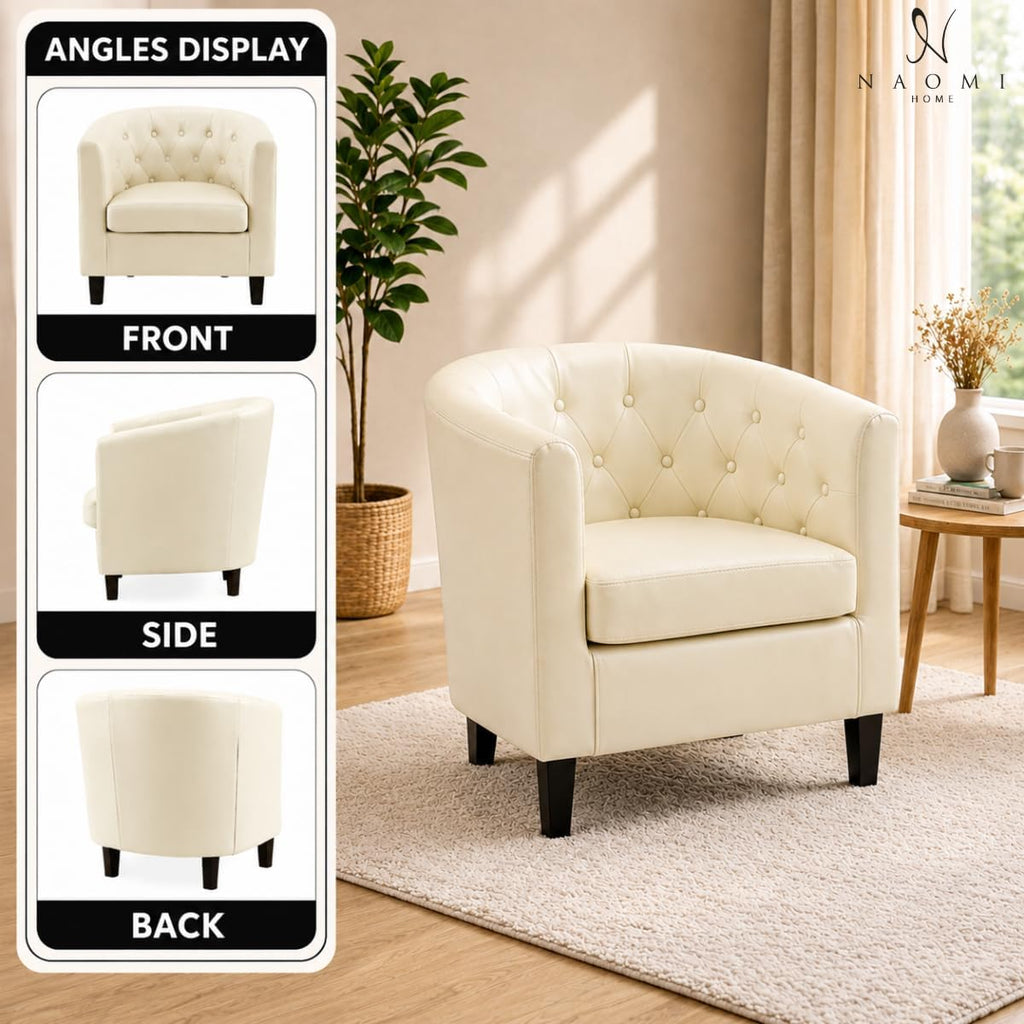 Emma Faux Leather Tufted Barrel Accent Chair - Cream