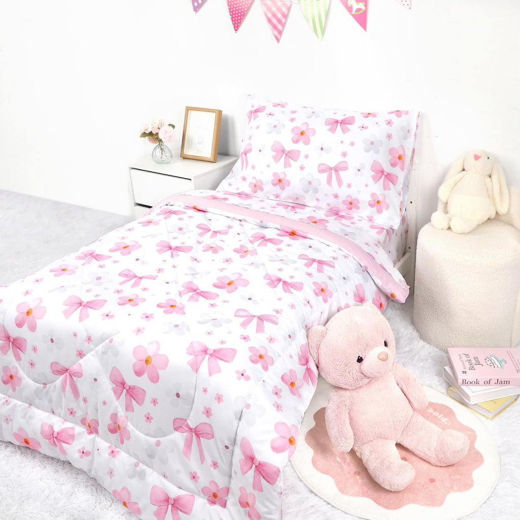 Toddler Bedding Set for Girls - 4 Piece Bow Toddler Comforter Set Includes Fitted Sheet, Comforter, Pillowcase & Flat