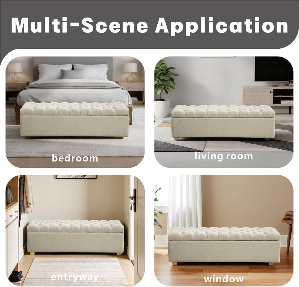 60" Ottoman with Storage Oversized End of Bed Storage Bench Upholstered Benches -Beige