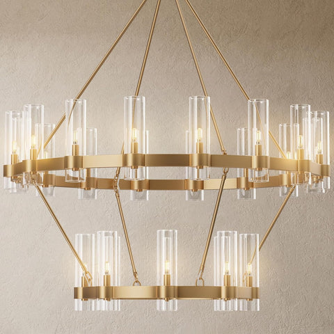24-Lights Gold Chandelier,Wagon Wheel Chandelier with Glass Shade,48 Inch Large Round Industrial High Ceilings Pendant Lighting Fixture for Dining Room, Living Room, Kitchen Island, Foyer A115-B0D3C7GMVK