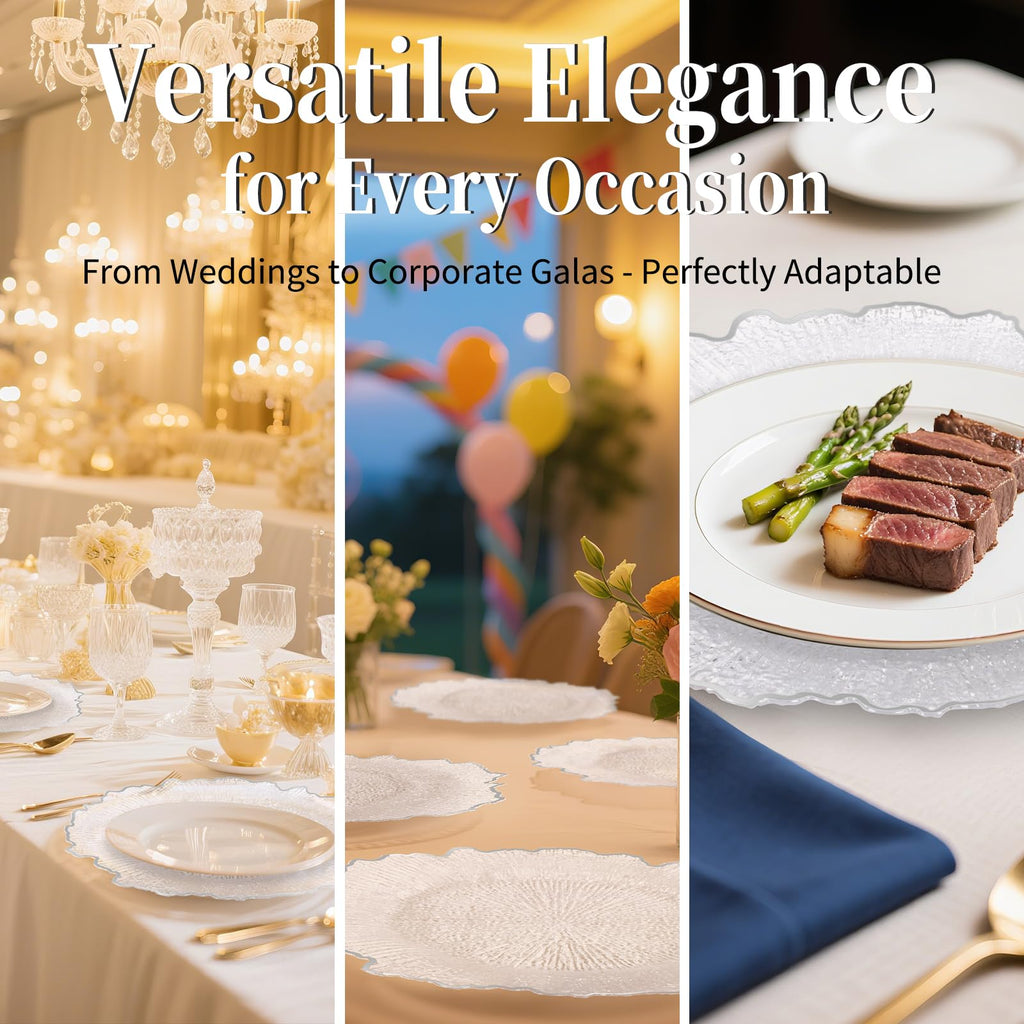 100Pcs Clear Charger Plates Bulk Wedding - 13" Premium Plastic Ruffled Silver Rim Chargers with Flora Reef