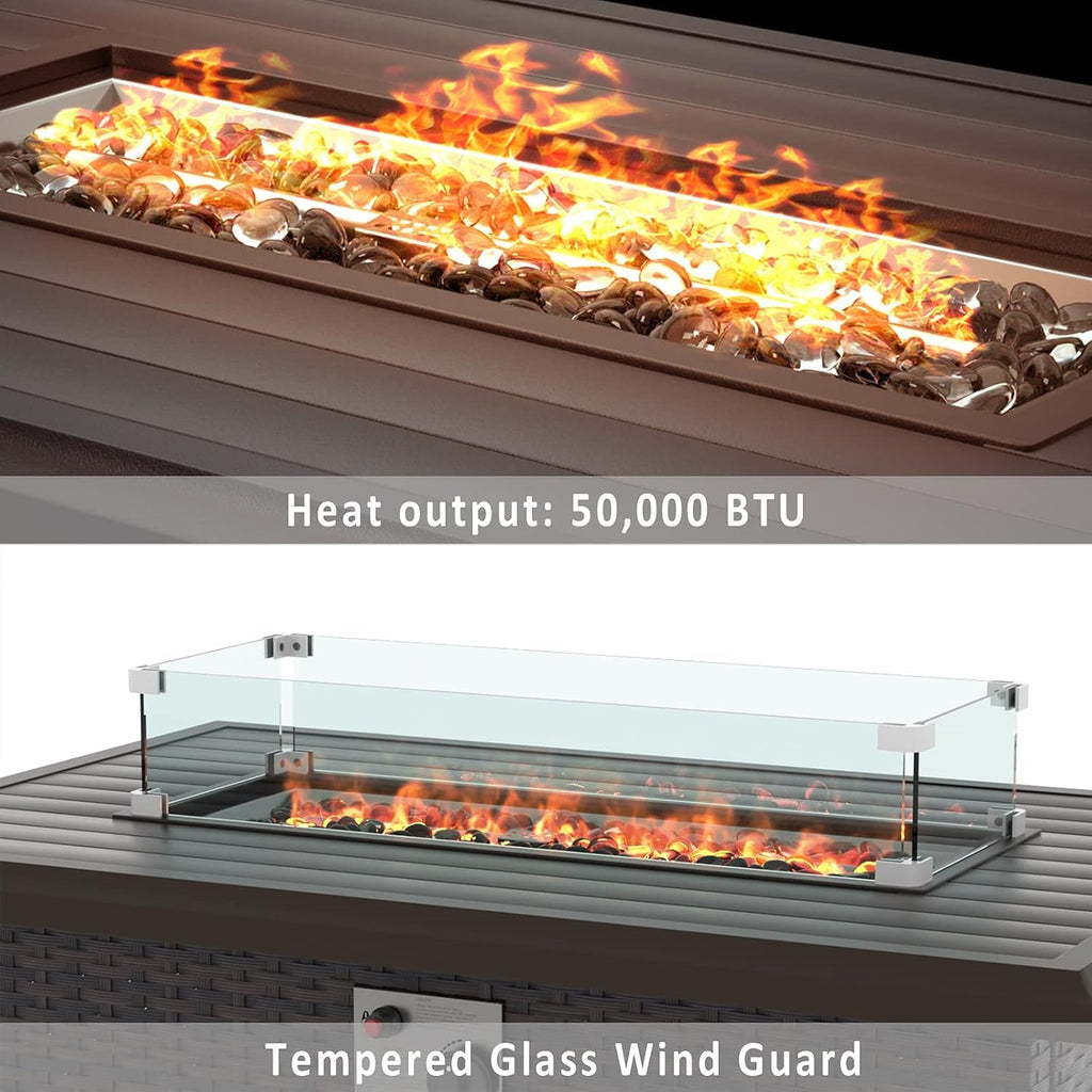 Outdoor Propane Gas Fire Pit Table 43'',50,000 BTU with Rectangular Tabletop,Auto-Ignition,Adjustable Flame,Glass