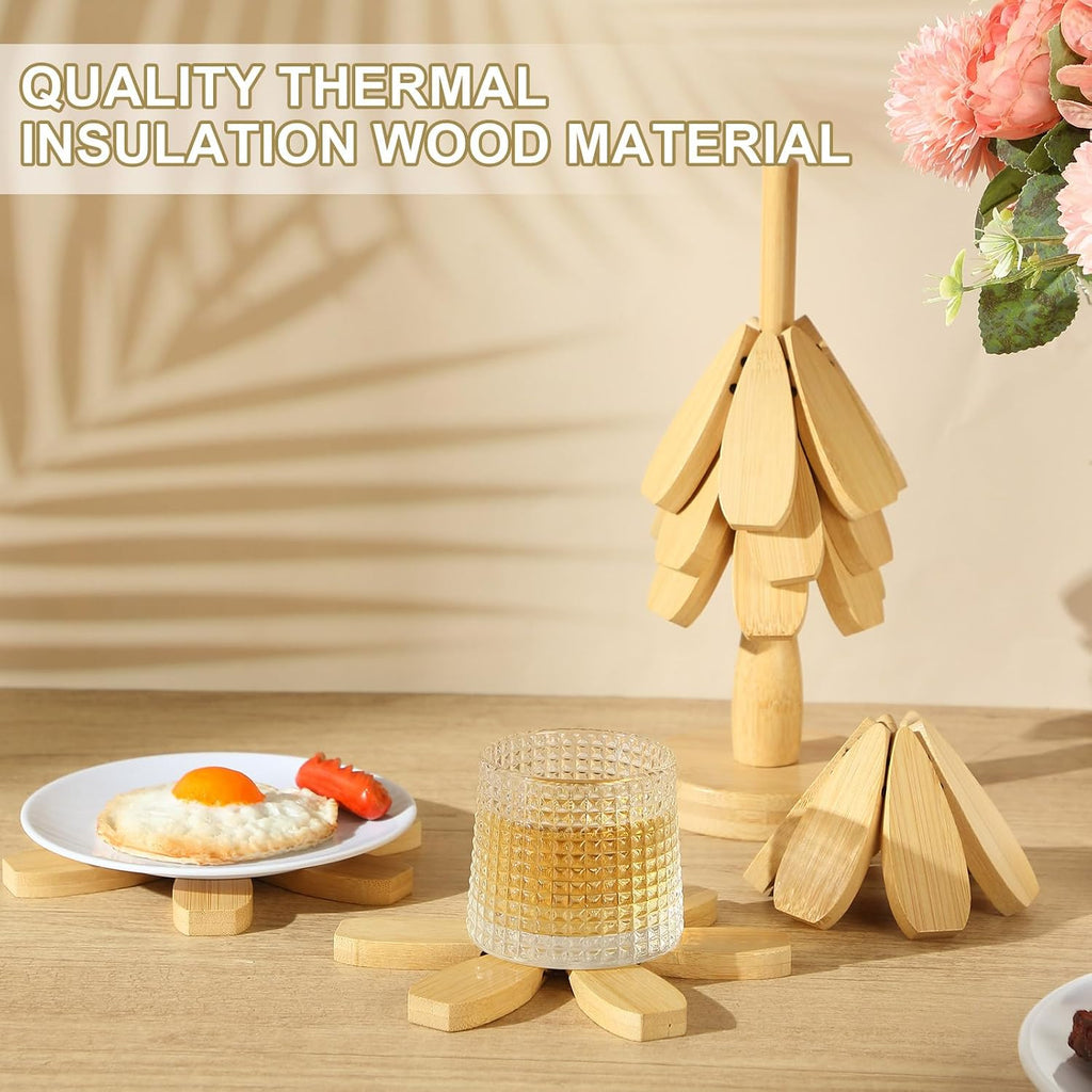 Tree Coasters, Wooden Trivets for Hot Dishes, Stackable Trivet Set with Stand, Foldable Bamboo Wood Tree - Set of 6