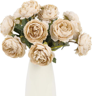 Beige Peonies Artificial Flowers Silk Peonies with Stems Real Look Fake Peony Table Decorations Wedding Faux - Set of 10