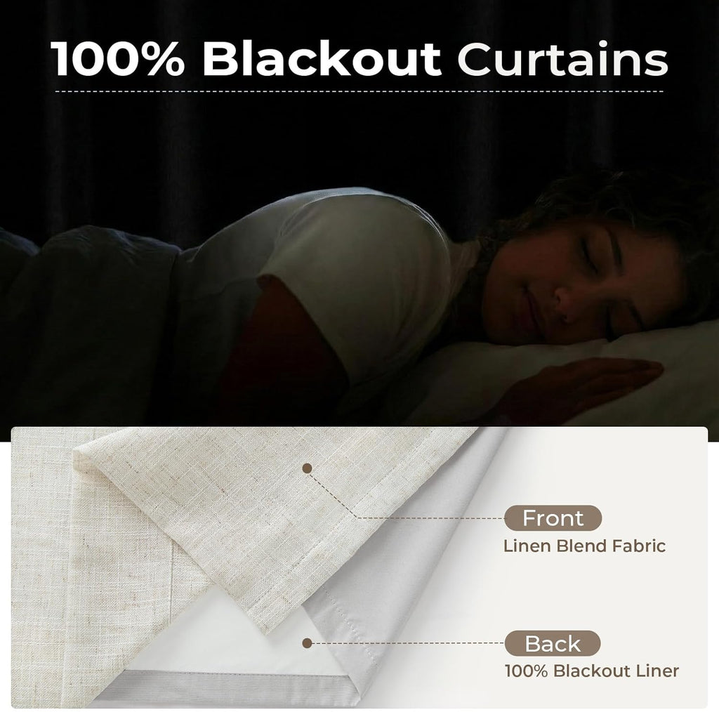 Natural Linen Pinch Pleated Curtains Blackout, 100% Black Out Curtains 96 inch Long, Blackout Thermal Insulated Pinch