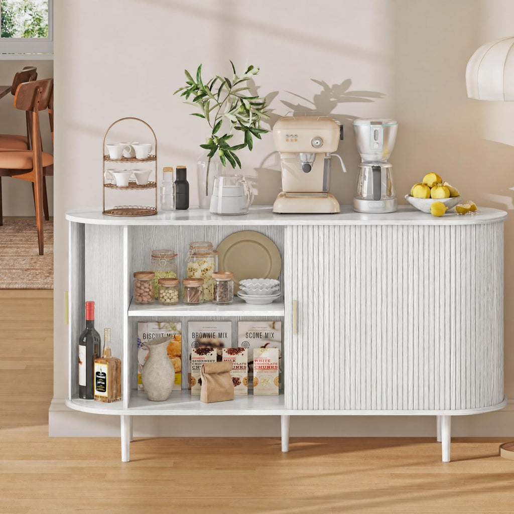 Sideboard Buffet Cabinet with Storage, 55 Inch Mid Century Modern Fluted Credenza with Sliding Door & Adjustable