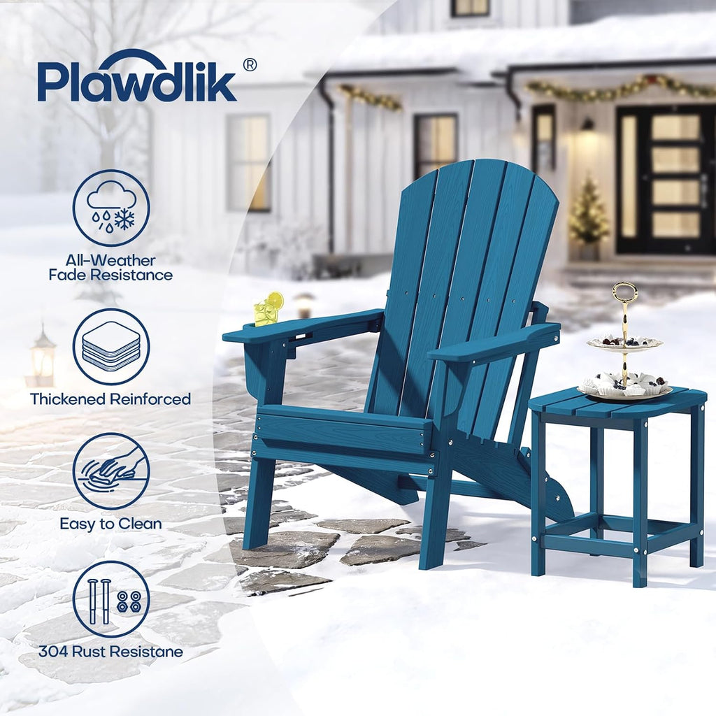HDPE Folding Adirondack Chair Set of 2 with Cup Holder, Navy | SGS Tested, Wooden Textured, Heavy All-Weather HDPE