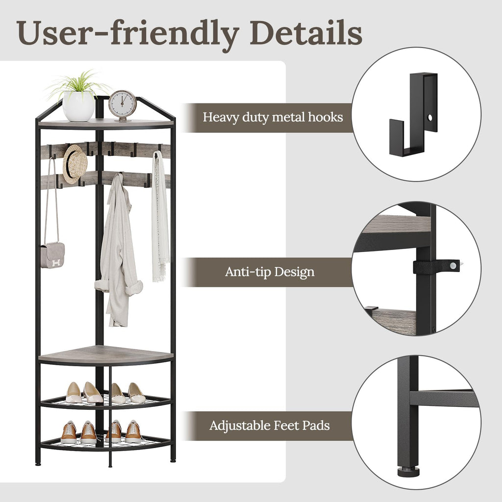 Grey Corner Hall Tree with Shoe Bench Entryway Coat Rack with 10 Metal Movable Hooks Rustic Farmhouse Floorstanding