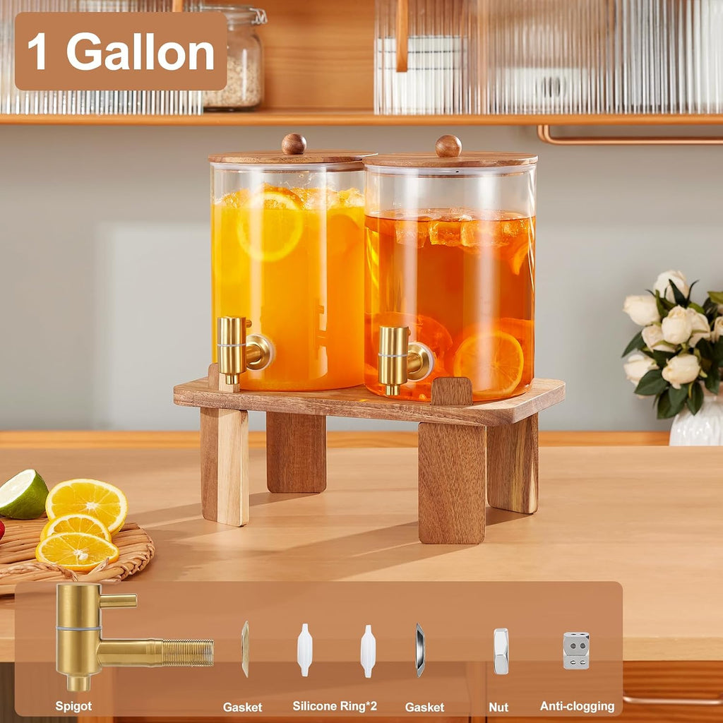 Glass Drink Dispenser for Party: 2p 1 Gallon Dispenser w/Stand - Set of 2