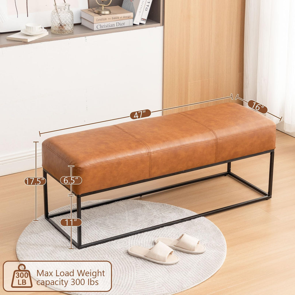 Leather Entryway Bench, Modern Long Faux Leather Ottoman Bench Seat with Metal Frame, 47'' Upholstered Bedroom Bench