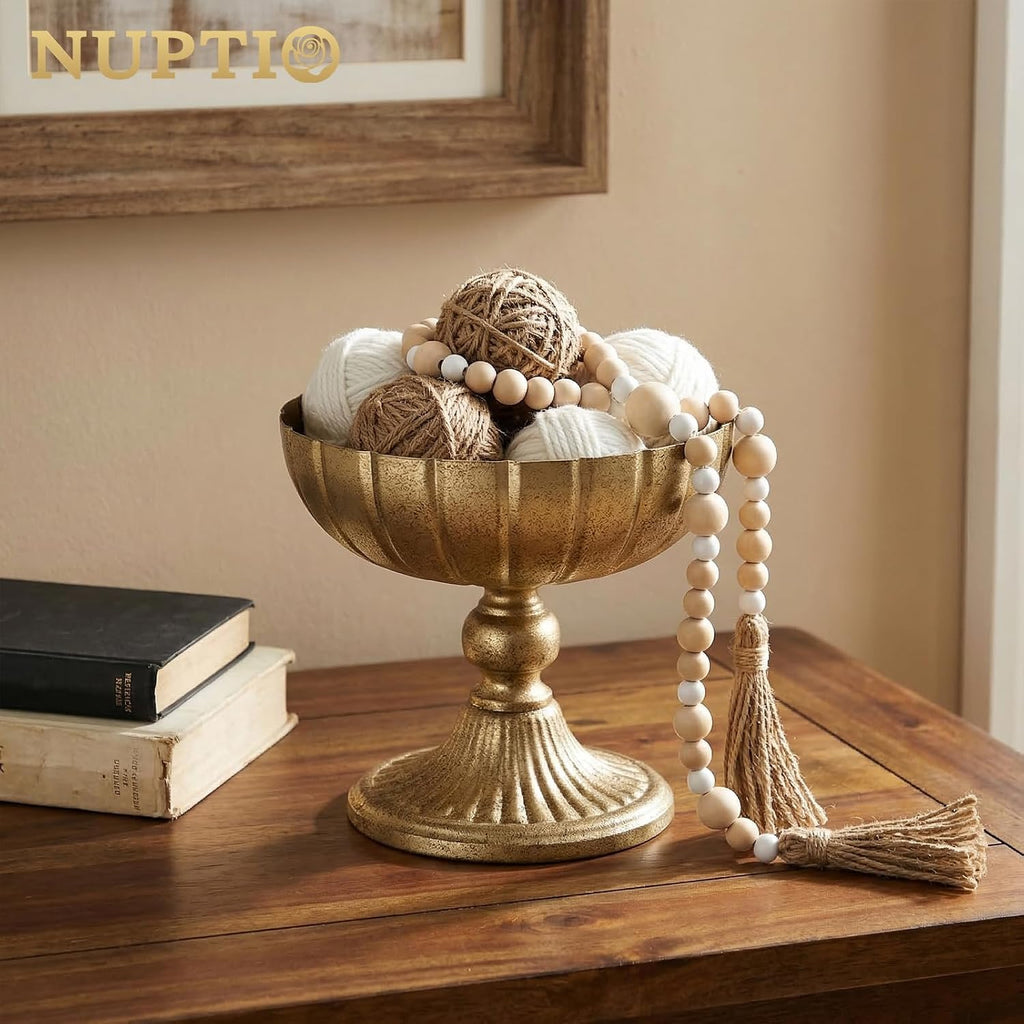 Gold Compote Vase for Centerpiece: 7.95" Tall Pedestal Footed Bowl for Flowers - Distressed Brass Urn for Wedding