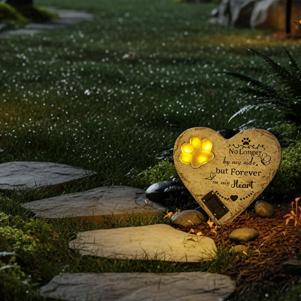 Pet Memorial Stone Solar Lighted Glowing Paw Print Heart Statue 10"