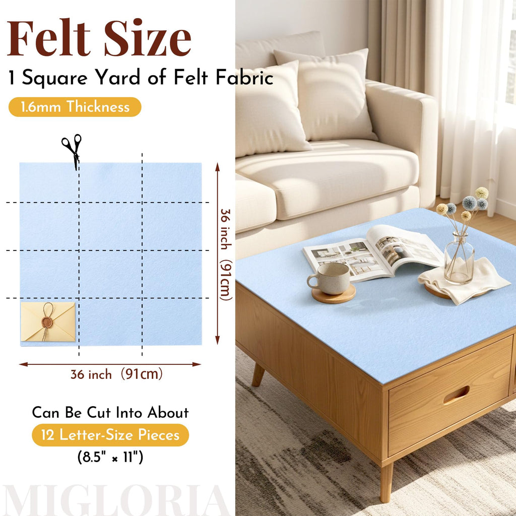 Large Felt Fabric Sheet 36 x 36 Inch, 1.6mm Thick (Light Blue)