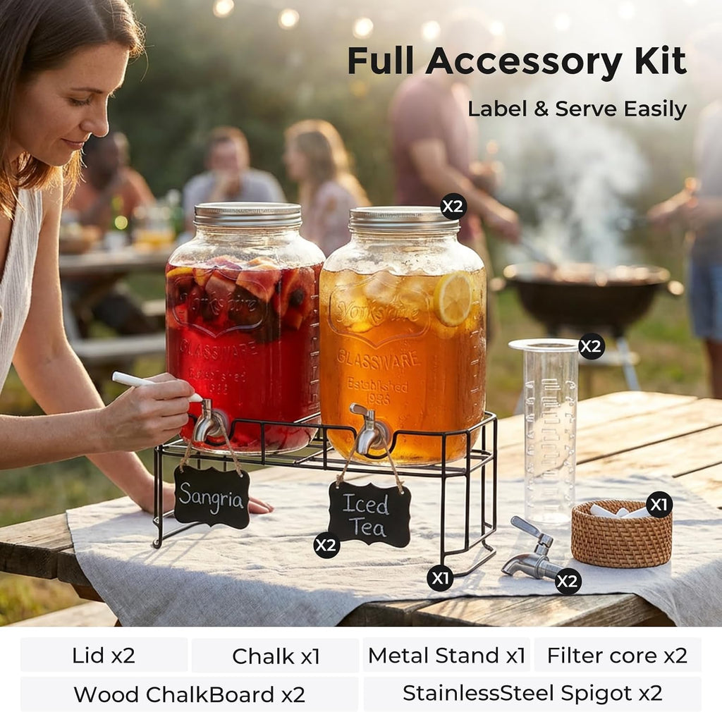 Gallon Glass Drinks For Parties With Stand.Stainless Steel Spigots & Metal Stand,Large Capacity Beverage Dispenser - Set of 2