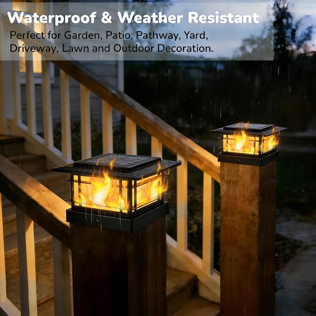 4x4 Solar Post Cap Lights Outdoor with Flickering Flame Light, 8 Pack Black Shell Fence Post Solar Lights Fit 4x4