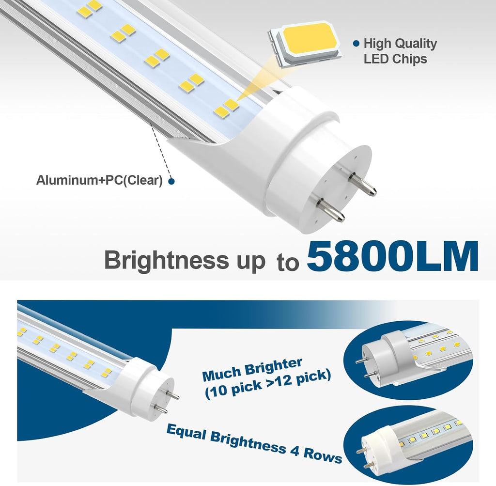 T8 Led Bulbs 4 Foot, 6500K 40W 5800LM Super Bright Type B