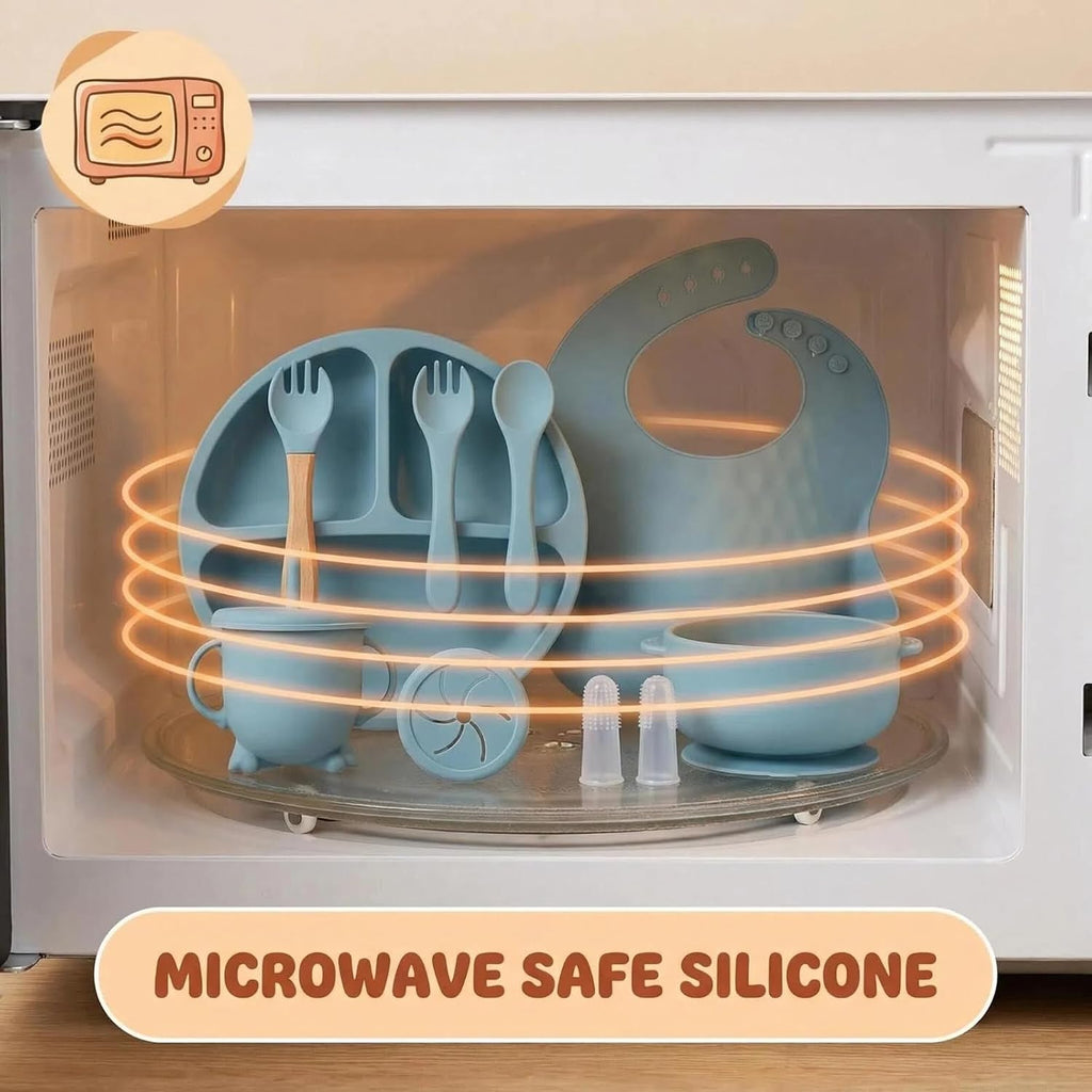 Feeding Set, 9 Pieces with Suction Bowl, Divided Plate, Sippy Cup, Bib, Spoons, Forks, Sage Green, BPA Free (Blue)