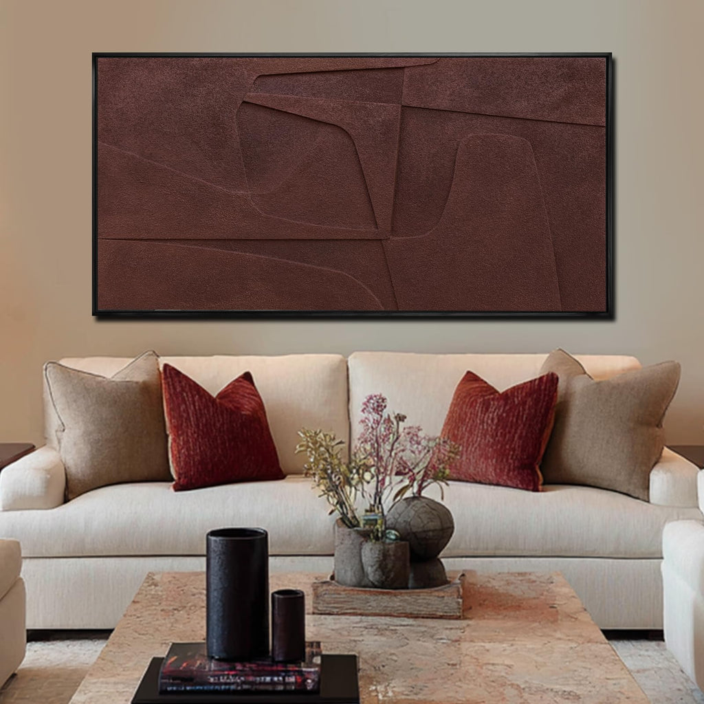 Minimalist Brown Abstract Wall Art 24x48 Inch, 3D Textured Wave Canvas with Natural Wood Frame, Modern Large Wall