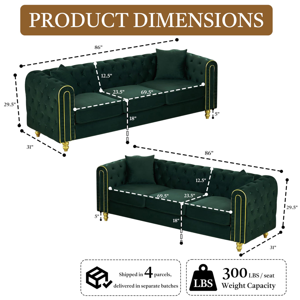 Chesterfield 2 Piece 86" Green Sofa Sets, 3+2-Seater Couch Comfy Sofa, Button Tufted Rolled Arms and Gold Legs for
