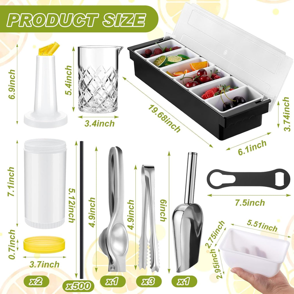 Bartender Kit, Mixologist Bartender Kit Garnish Tray with Lid Bar Caddy and 3 Tier Glass Rimmer - Set of 28