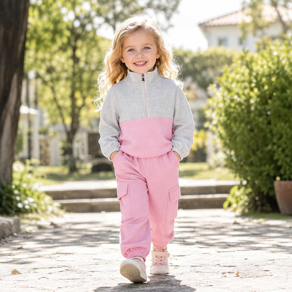 Toddler Girl Clothes Fall Outfit Half Zip Waffle Sweatshirt Cargo Pants Set