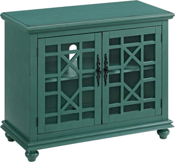 Elegant Small Spaces Accent Cabinet, Teal Green | Solid Wood, Glass Doors, Vintage Sideboard, Small TV Stand , Turned