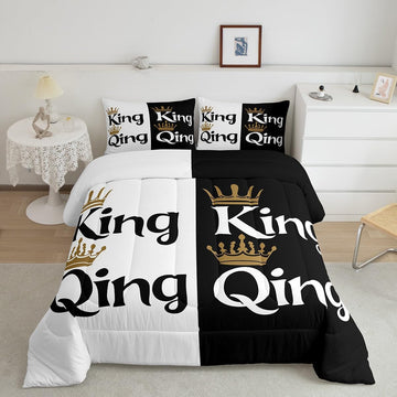Erosebridal King and Queen Crown Comforter Set Black White Couple Bedding Set for Adult Women Men,His Her Mr Mrs Quilt