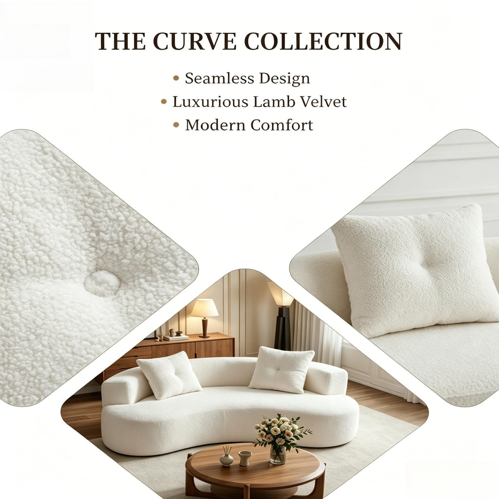 Boucle Curved 79.5" with 2 Pillows, 3-Seater White Couch