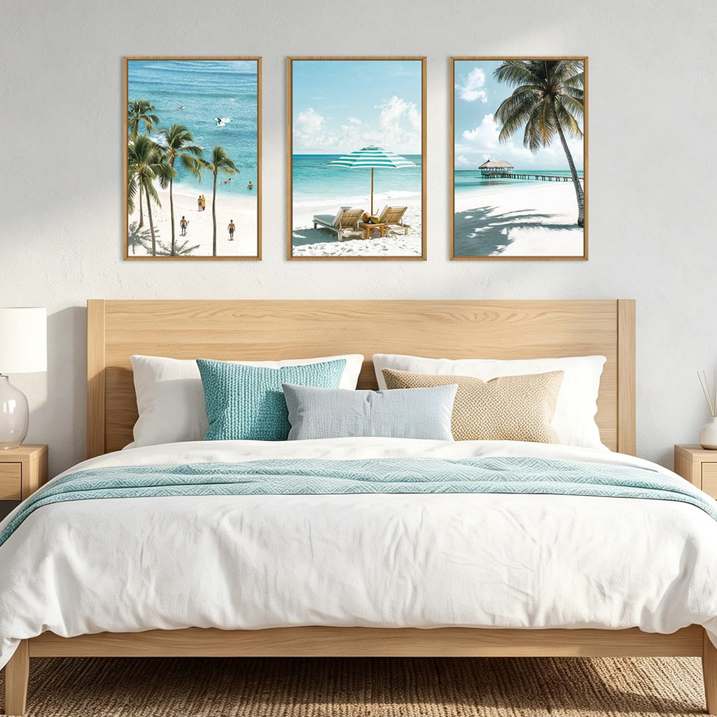 Summer Beach Framed Wall Art, Surfboard Wall Decor Coastal, Palm Tree Artwork, Tropical Wall Art Surfboard