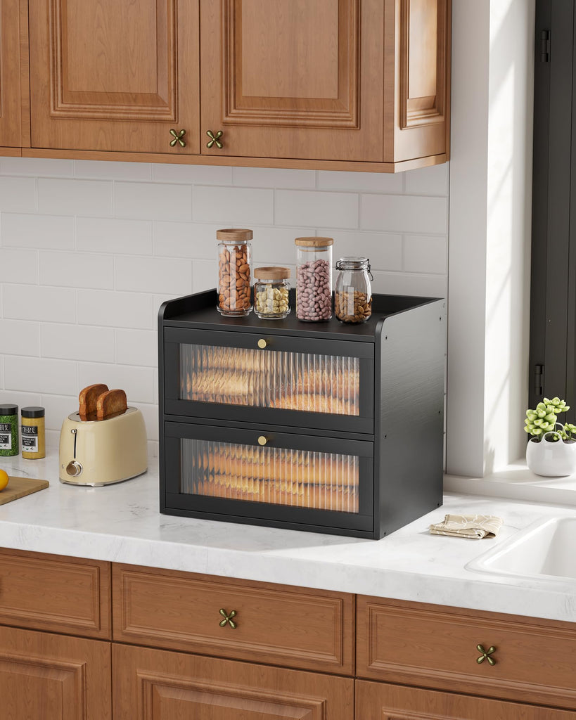 Bread Box - Wooden Countertop, Large Capacity, Black