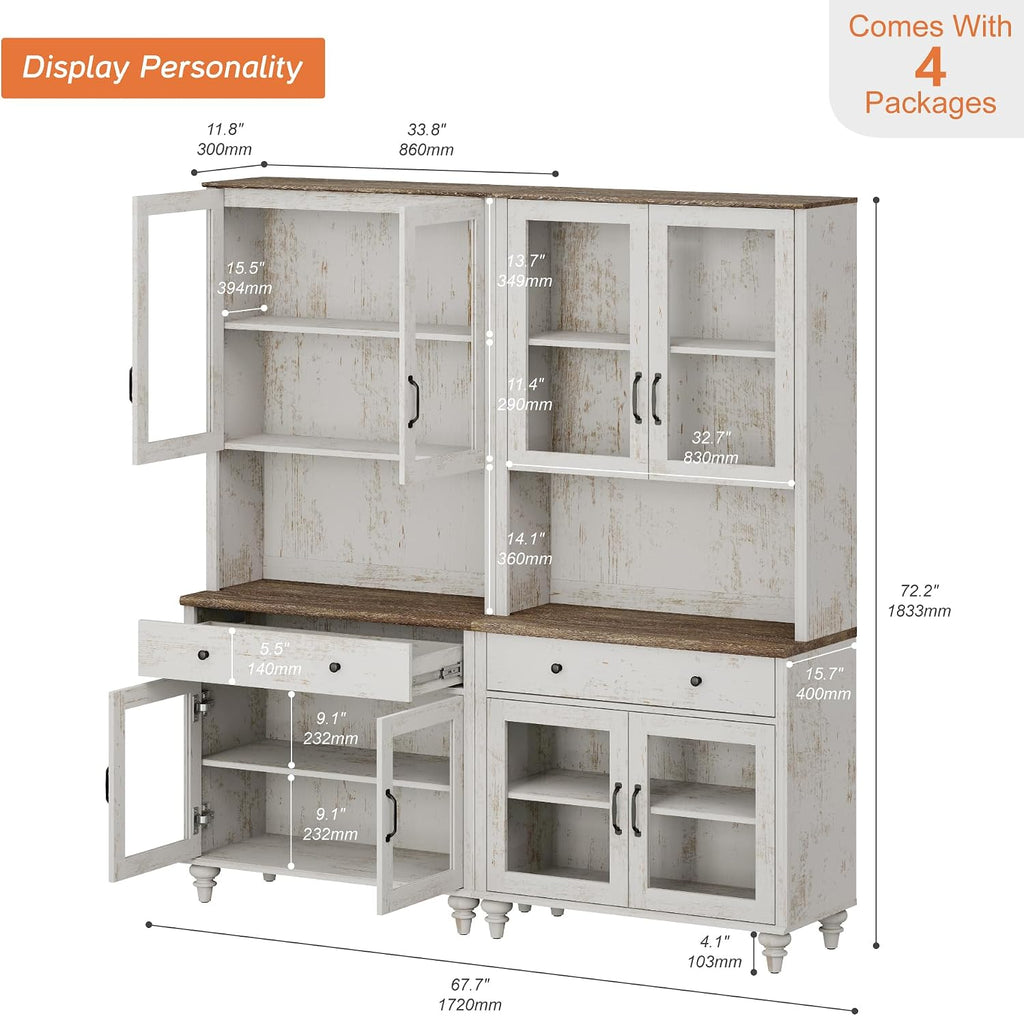 72" Tall Bookcase with Glass Doors & Drawer Set of 2, Large Farmhouse Display Book Shelf with Bar Cabinet, Library