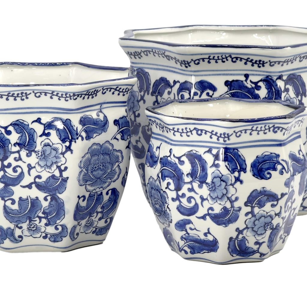 Blue & White Round Fluted Classic Floral Porcelain Ceramic Plant Flower Planter Pot Set of 3 (7.5", 10", 13") Garden