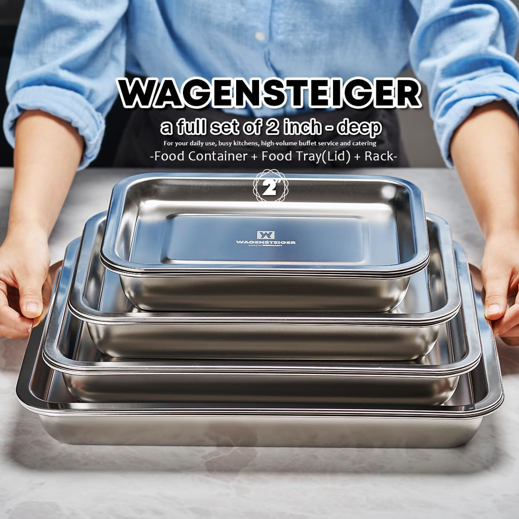 Stainless Steel Food Prep Container with Rack & Lid (Tray), 4.54Quarts, Catering Pans, Restaurant Pans, Buffet Party