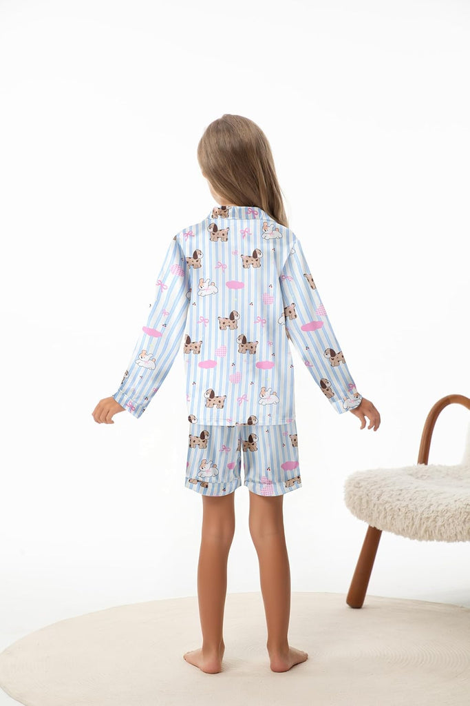 Girls Pajamas 3 Piece Satin Long Sleeve Long Pants with Shorts PJs Set for Girls Kids Sleepwear