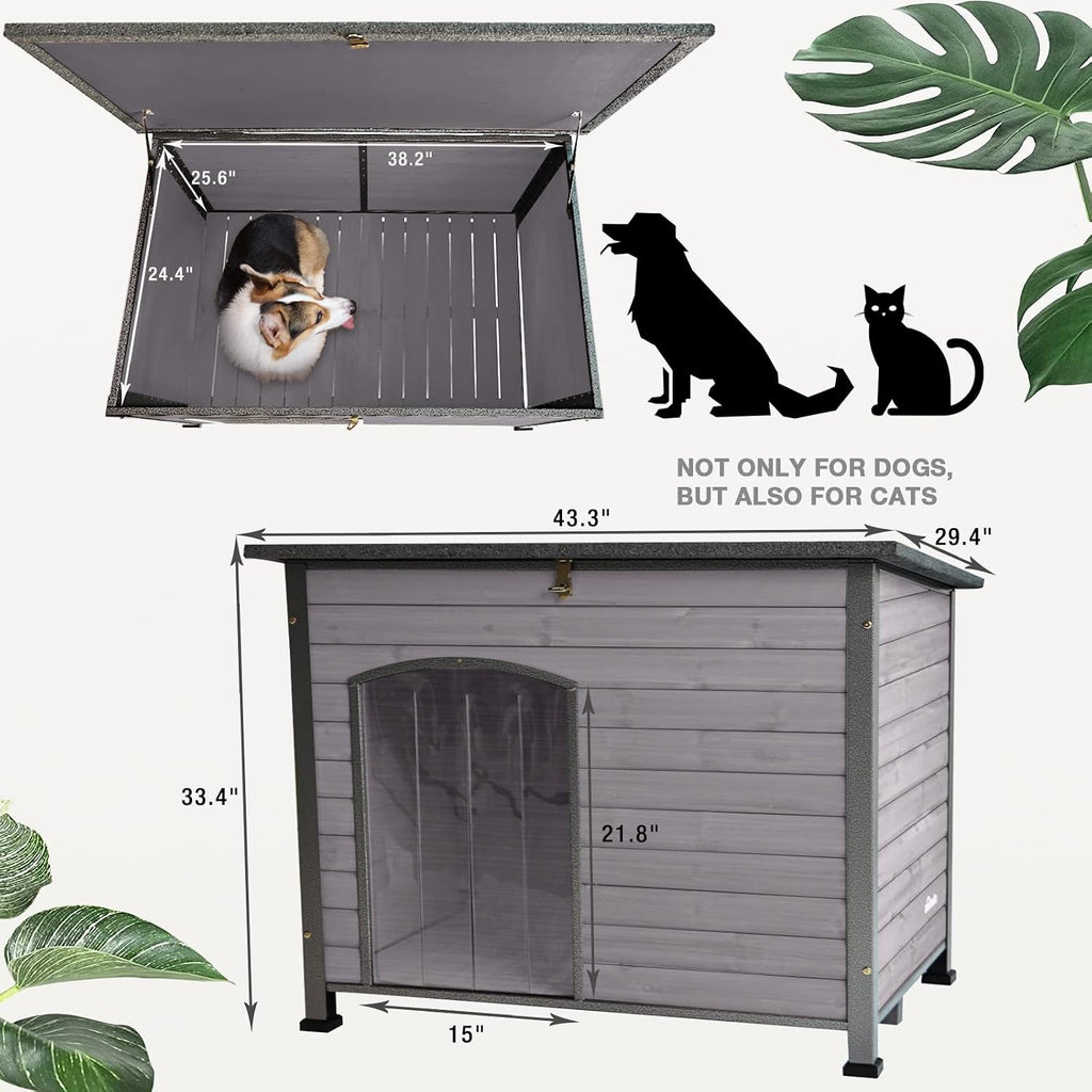Dog House Outdoor Insulated Dog House for Small Medium Large Dogs, Natural Wood with Iron Frame, Waterproof Roof