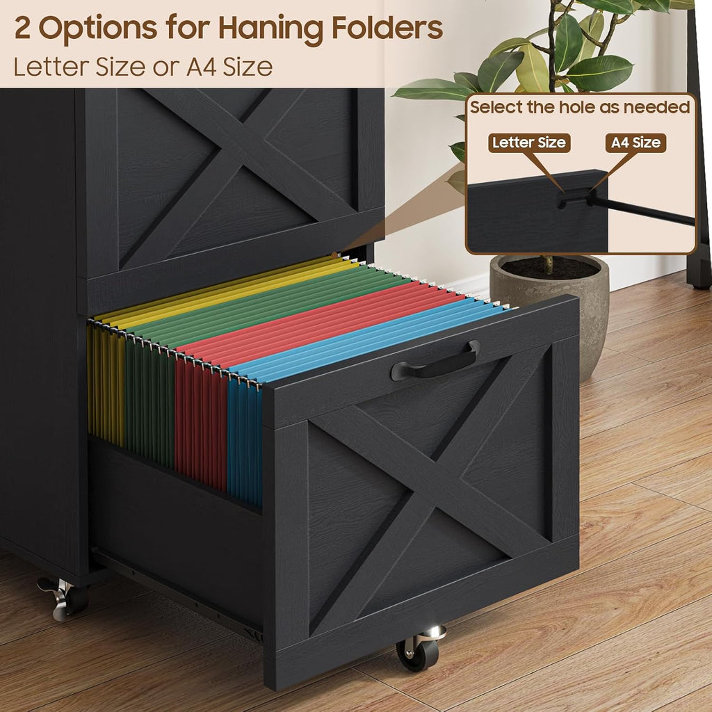 3 Drawers Farmhouse File Cabinet with Wheels , Rustic Black | Vertical Filing Cabinet Fits Letter/A4 Size, Rolling