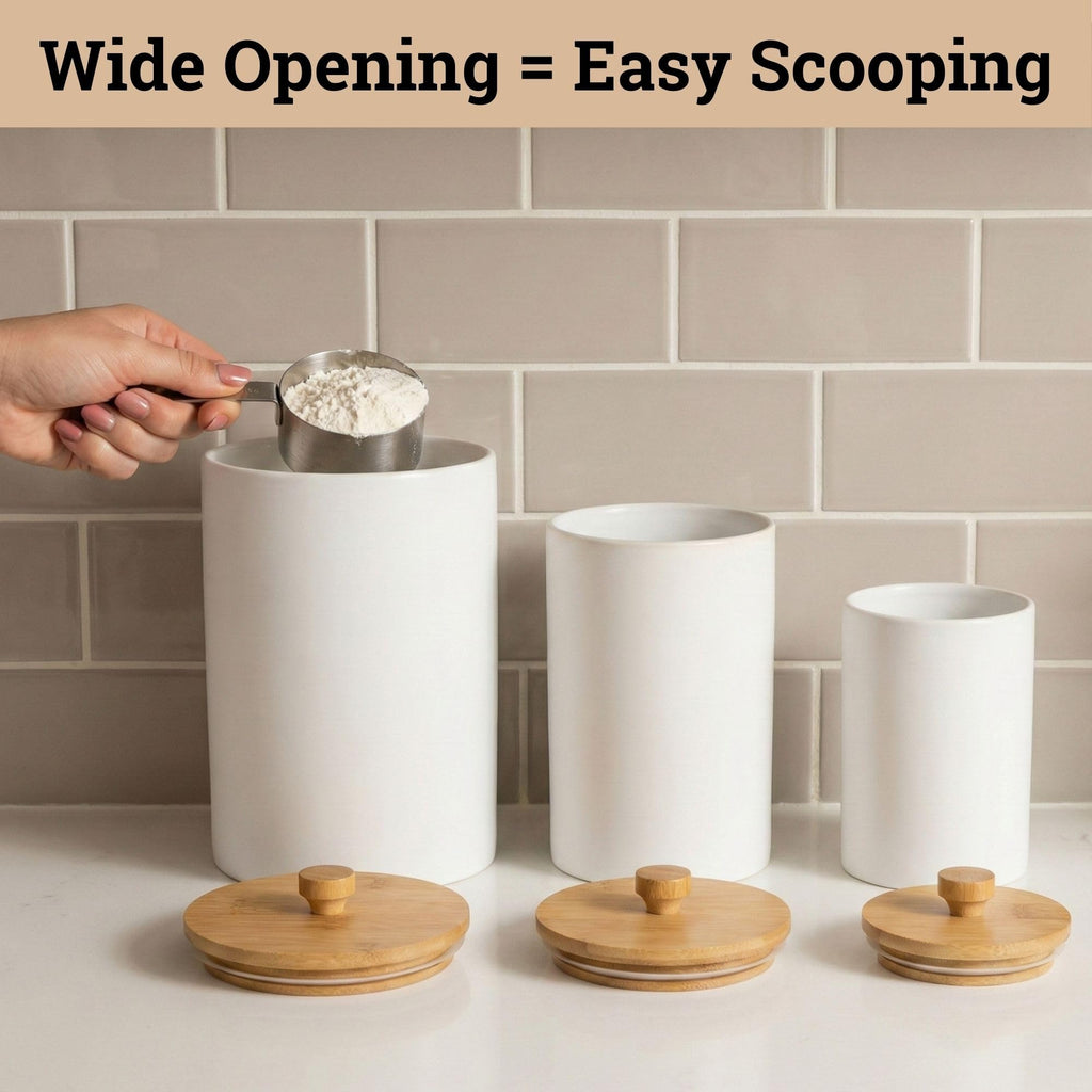 Ceramic Kitchen Canisters for Countertop Set of 3 w/ Airtight Bamboo Lids