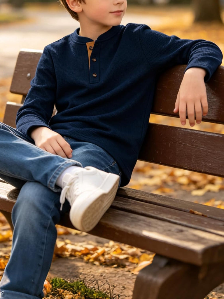 Boy's Henley Shirts Long Sleeve Thermal Waffle T-Shirt
