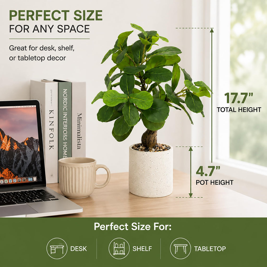 17.5 Inch Artificial Fiddle Leaf Fig Tree in Cement Pot with Pebbles, Realistic Faux Potted Plant, Zero-Maintenance