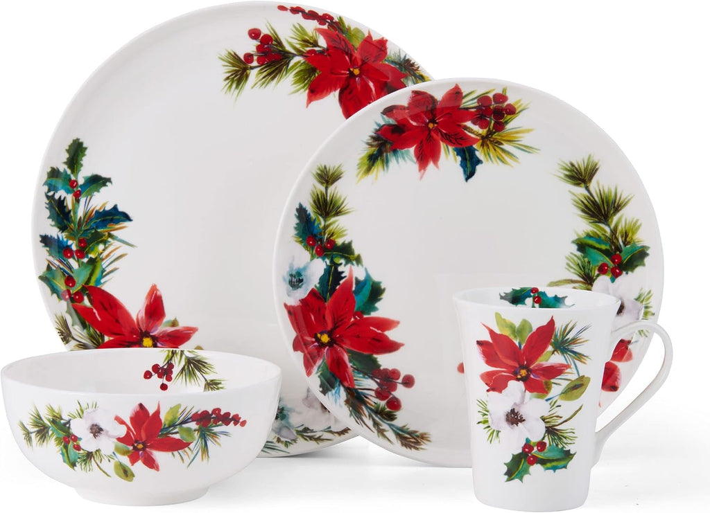 Hope Joy Holiday Poinsettia Bone China Lightweight Chip Resistant 16 Piece Dinnerware Set, Service for 4, Multicolor