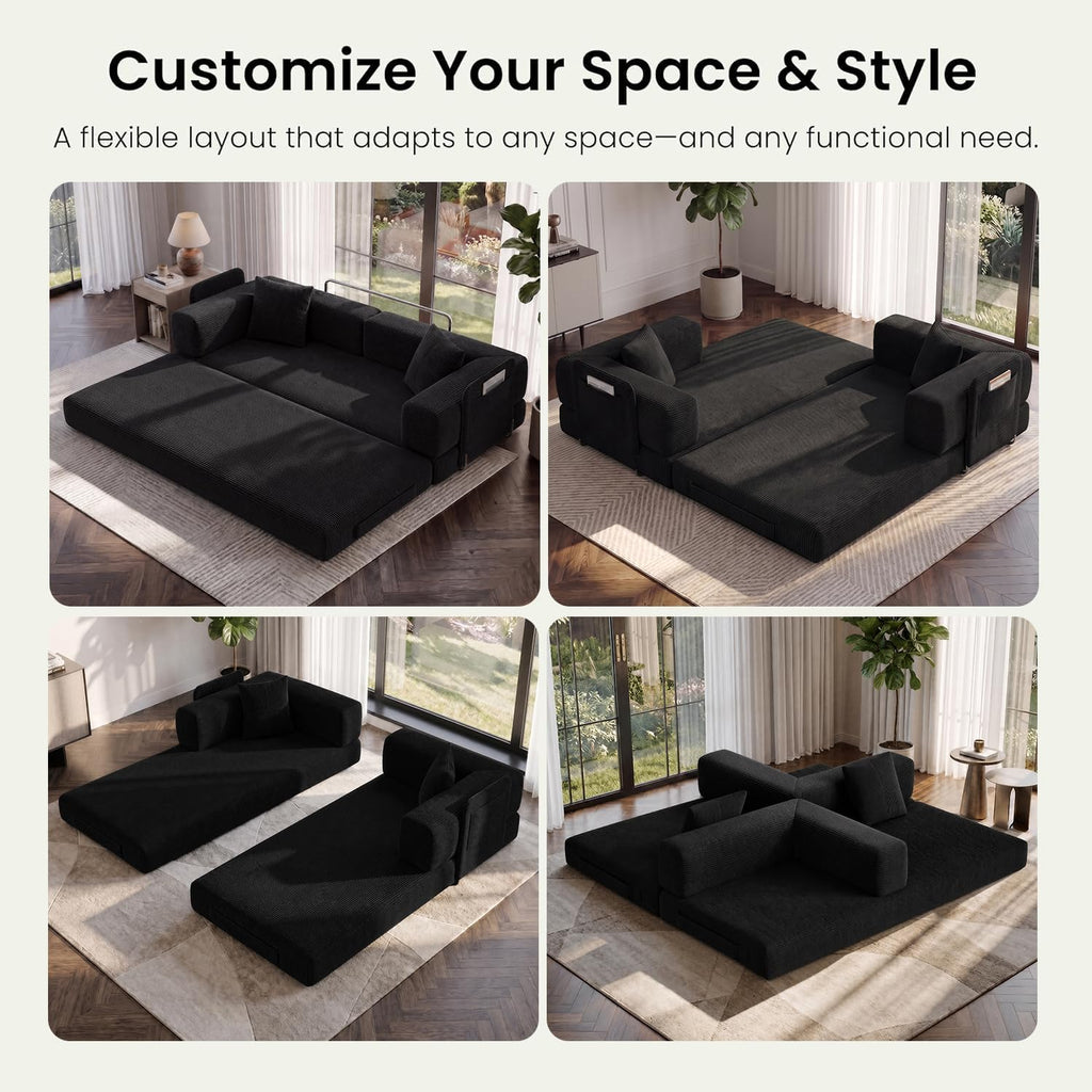 79.5" Convertible Futon Sofa Bed, Boneless Couch | Corduroy Boneless Loveseat Sleeper Sofa, Modular Futon Couch with