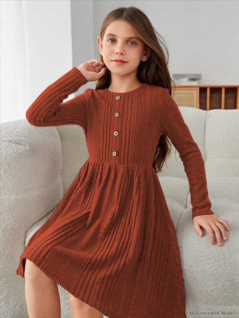 Girls Long Sleeve Rib Knit A-Line Dress Pockets
