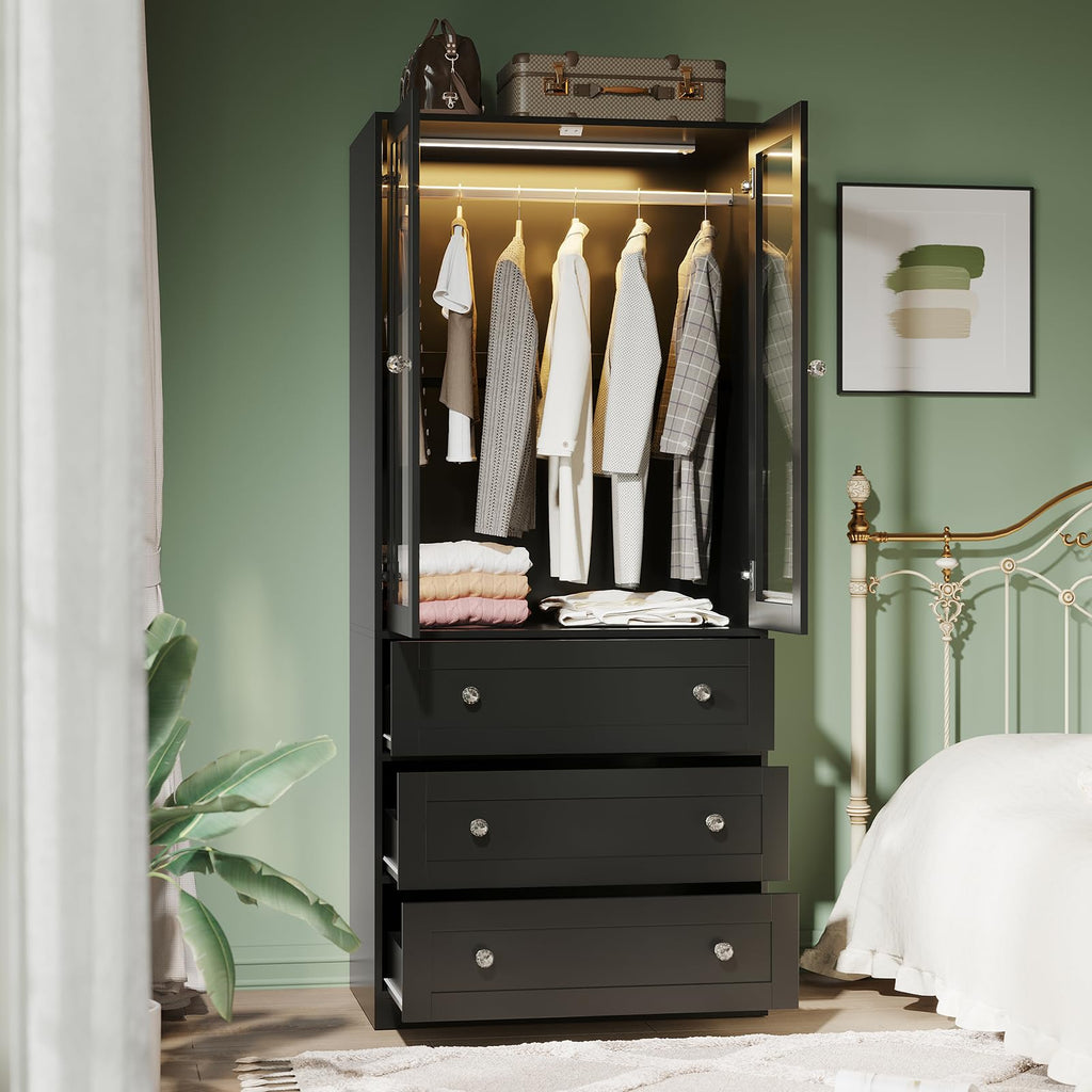 71" H Armoire Wardrobe Closet with Motion Sensor LED Light (Black)
