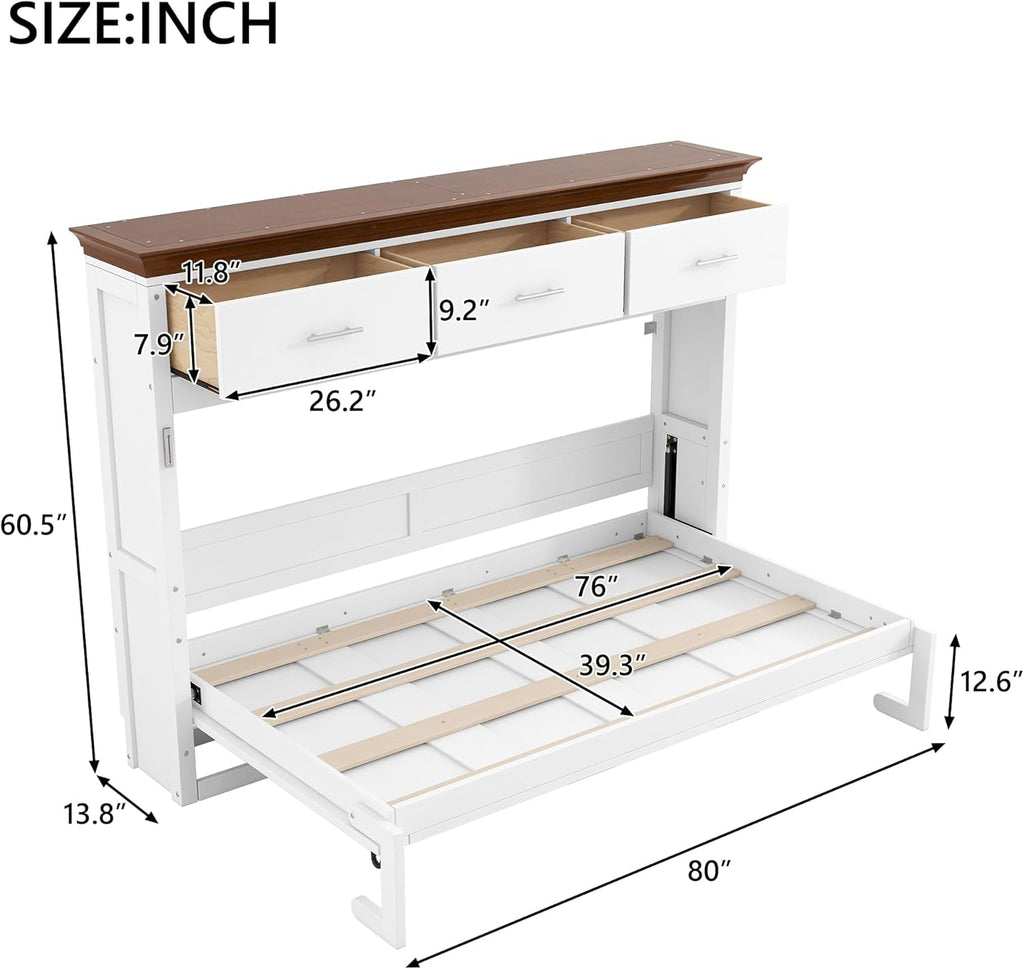 Twin Horizontal Murphy Bed with Drawers,Wood Space-Saving Folding Hideaway Murphy Wall Bed with Storage Drawers, for