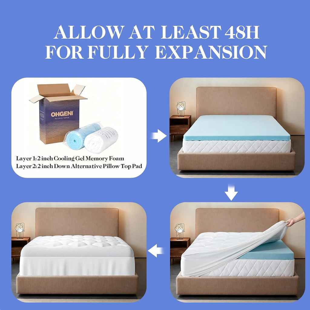 Cooling 4 Inch Full Size Dual Layer Mattress Topper, 2 Inch Gel Memory Foam, 2 Inch Soft Pillow Top Pad, Bedroom